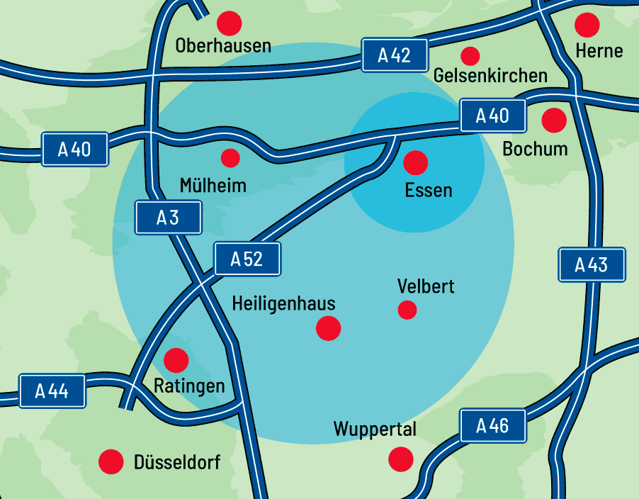 Einsatzgebiet von Birgit Suriano, Mobile Friseurin in Essen, Velbert, Ratingen, Heiligenhaus und Mülheim an der Ruhr